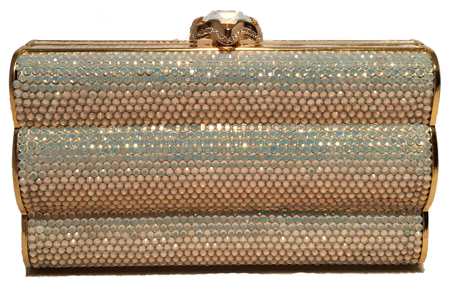 Judith Leiber Iridescent Swarovski Crystal Gold Minaudiere Evening Bag Clutch