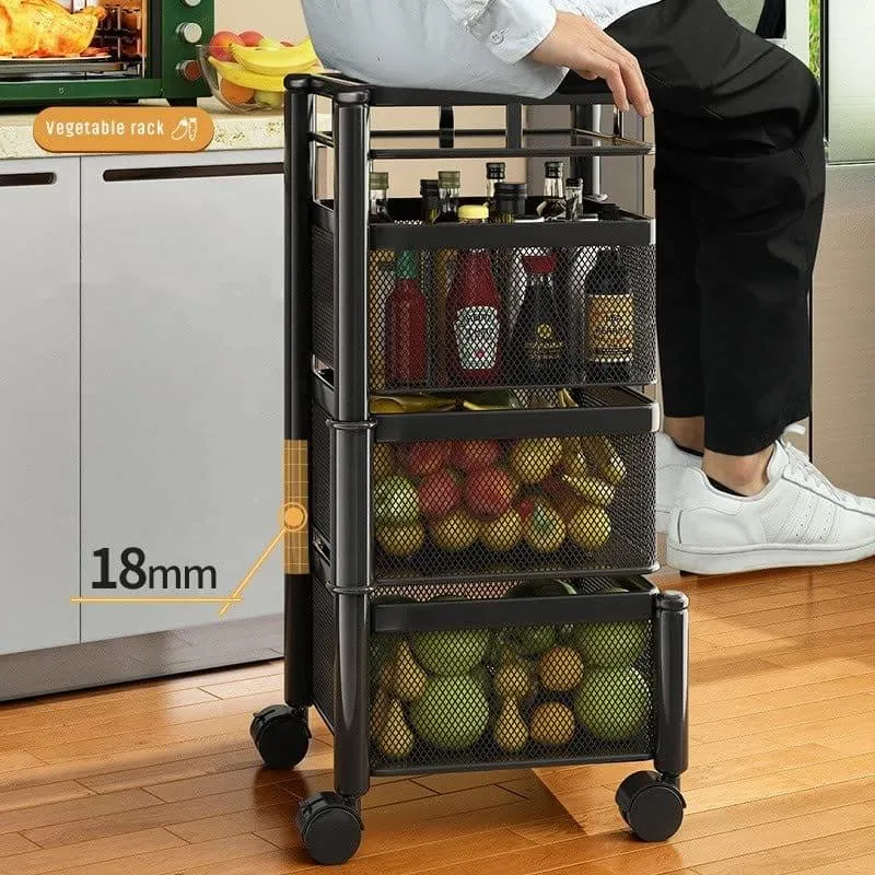 Kitchen Trolley Kitchen Organizer Items And kitchen accessories items for Kitchen Storage Rack Square Design Fruits & Vegetable Onion Cutlery ,Jars Container Kitchen Trolley with Wheels Black