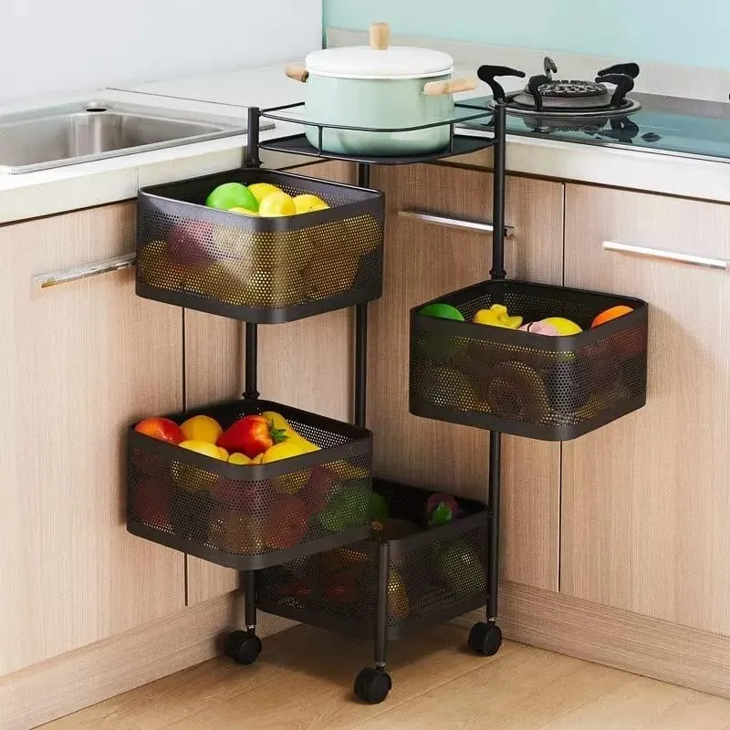 Kitchen Trolley Kitchen Organizer Items And kitchen accessories items for Kitchen Storage Rack Square Design Fruits & Vegetable Onion Cutlery ,Jars Container Kitchen Trolley with Wheels Black