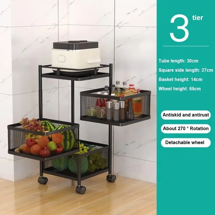 Kitchen Trolley Kitchen Organizer Items And kitchen accessories items for Kitchen Storage Rack Square Design Fruits & Vegetable Onion Cutlery ,Jars Container Kitchen Trolley with Wheels Black