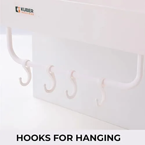 Kuber Industries Bathroom & Kitchen Organizer with Hooks for Hanging Kitchen & Bathroom Accessories|Multi-use Rectangular Wall Shelves|Self-Adhesive PP|A2912|Set of 2|White (Pack of 6)