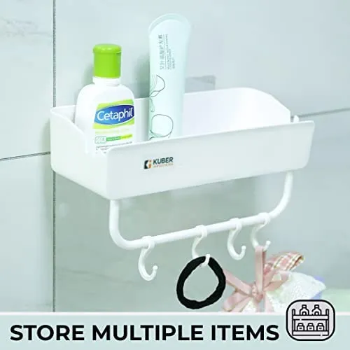 Kuber Industries Bathroom & Kitchen Organizer with Hooks for Hanging Kitchen & Bathroom Accessories|Multi-use Rectangular Wall Shelves|Self-Adhesive PP|A2912|Set of 2|White (Pack of 6)