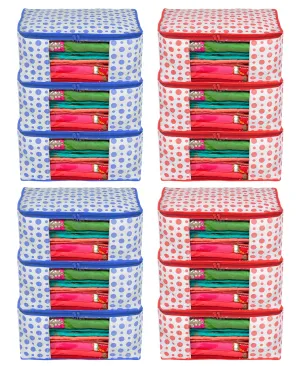 Kuber Industries Dot Printed Non-Woven Saree Cover, Cloth Organizer, Wardrobe Organizer With Tranasparent Window- Pack of 12 (Blue & Pink)-46KM0516