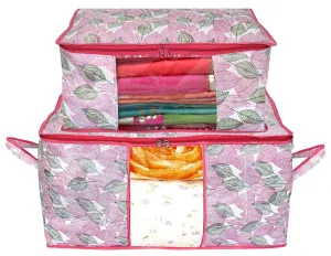 Kuber Industries Metalic Leafy Print Non Woven Saree Cover And Underbed Storage Bag, Storage Organiser, Blanket Cover (Set of 2,Pink)-KUBMART16687