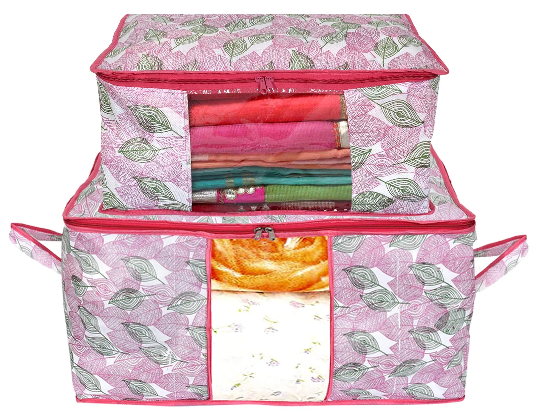 Kuber Industries Metalic Leafy Print Non Woven Saree Cover And Underbed Storage Bag, Storage Organiser, Blanket Cover (Set of 2,Pink)-KUBMART16687