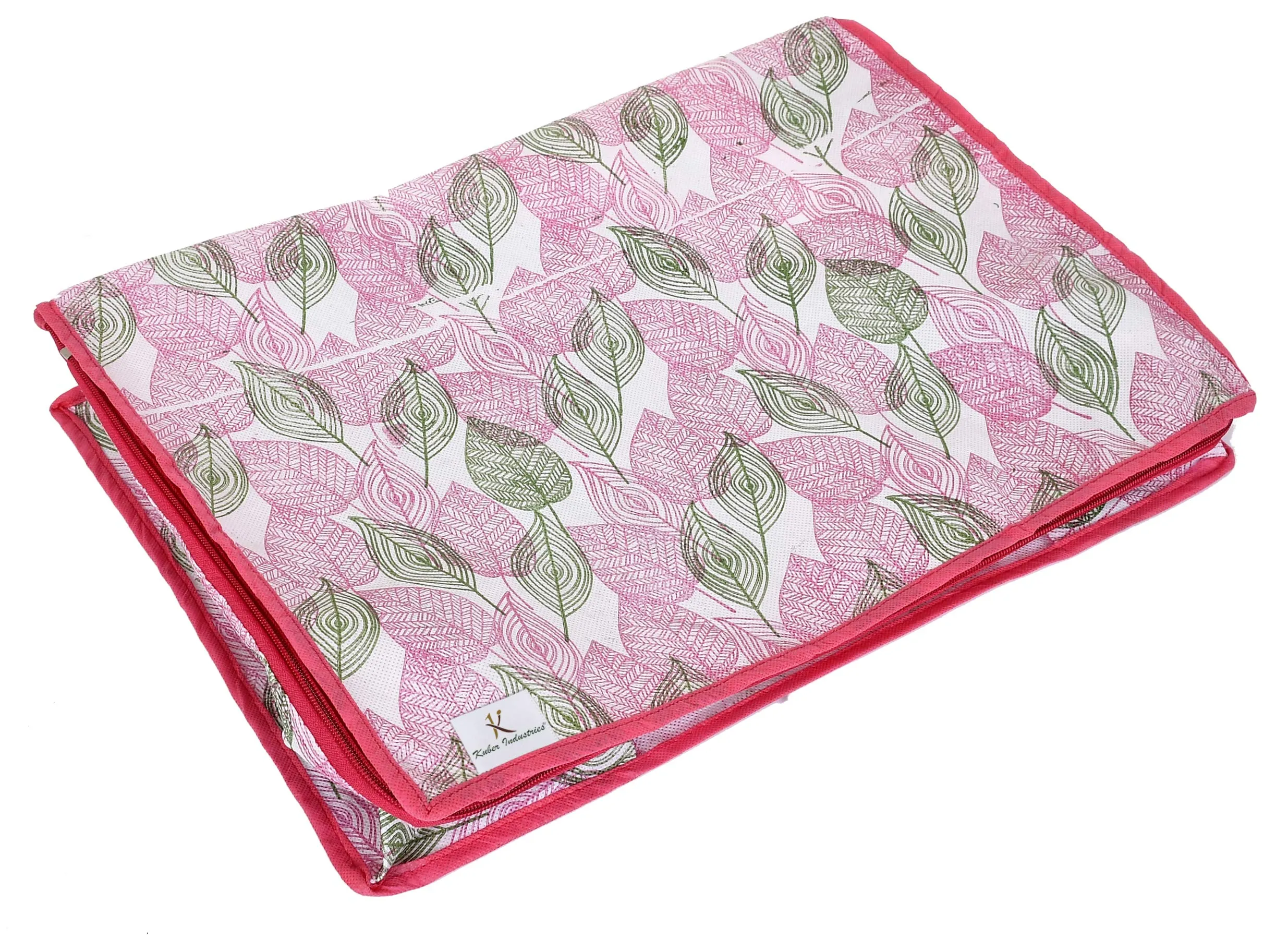 Kuber Industries Metalic Leafy Print Non Woven Saree Cover And Underbed Storage Bag, Storage Organiser, Blanket Cover (Set of 2,Pink)-KUBMART16687