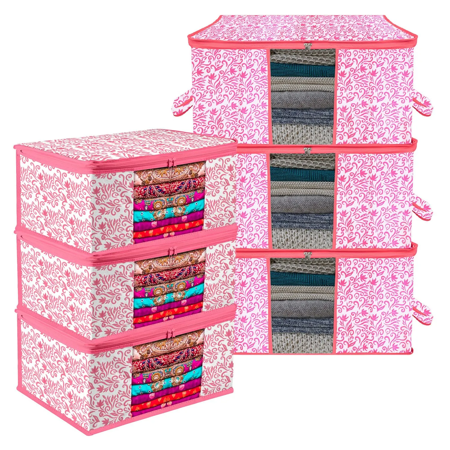 Kuber Industries Saree Cover & Underbed Stoarge Bag Set | 3 Pieces Saree & 3 Pieces Underbed Storage Bag Combo Set | Zipper Closure & Handle | Leaf-Design | Set of 6 | Pink