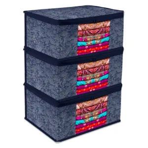 Kuber Industries Saree Storage Bag | Clothes Storage Bag | Wardrobe Storage Bag | Cloth Storage Organizer | Visible Window Saree Bag | Flower Printed | 9 Inch | Pack of 3 | Navy Blue