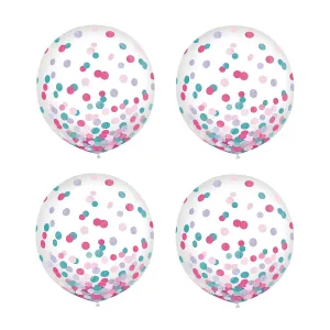 Latex Confetti Balloons - Clear Balloon Decorations With Mermaid Pink, Teal, and Lavender Dot Confetti, Large 24" Size (4 Count)