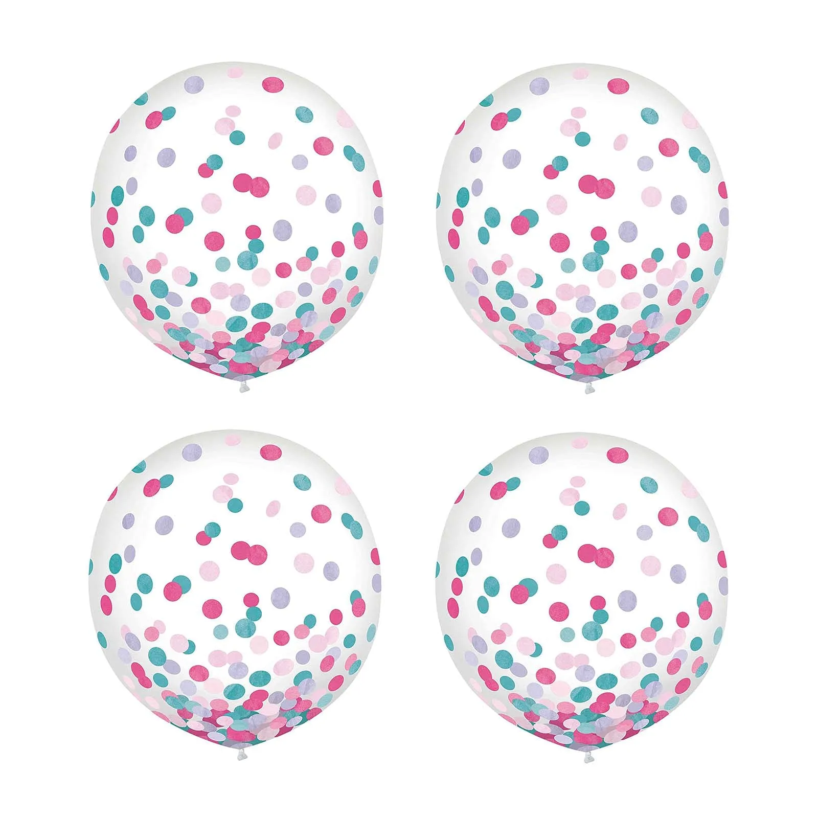 Latex Confetti Balloons - Clear Balloon Decorations With Mermaid Pink, Teal, and Lavender Dot Confetti, Large 24" Size (4 Count)