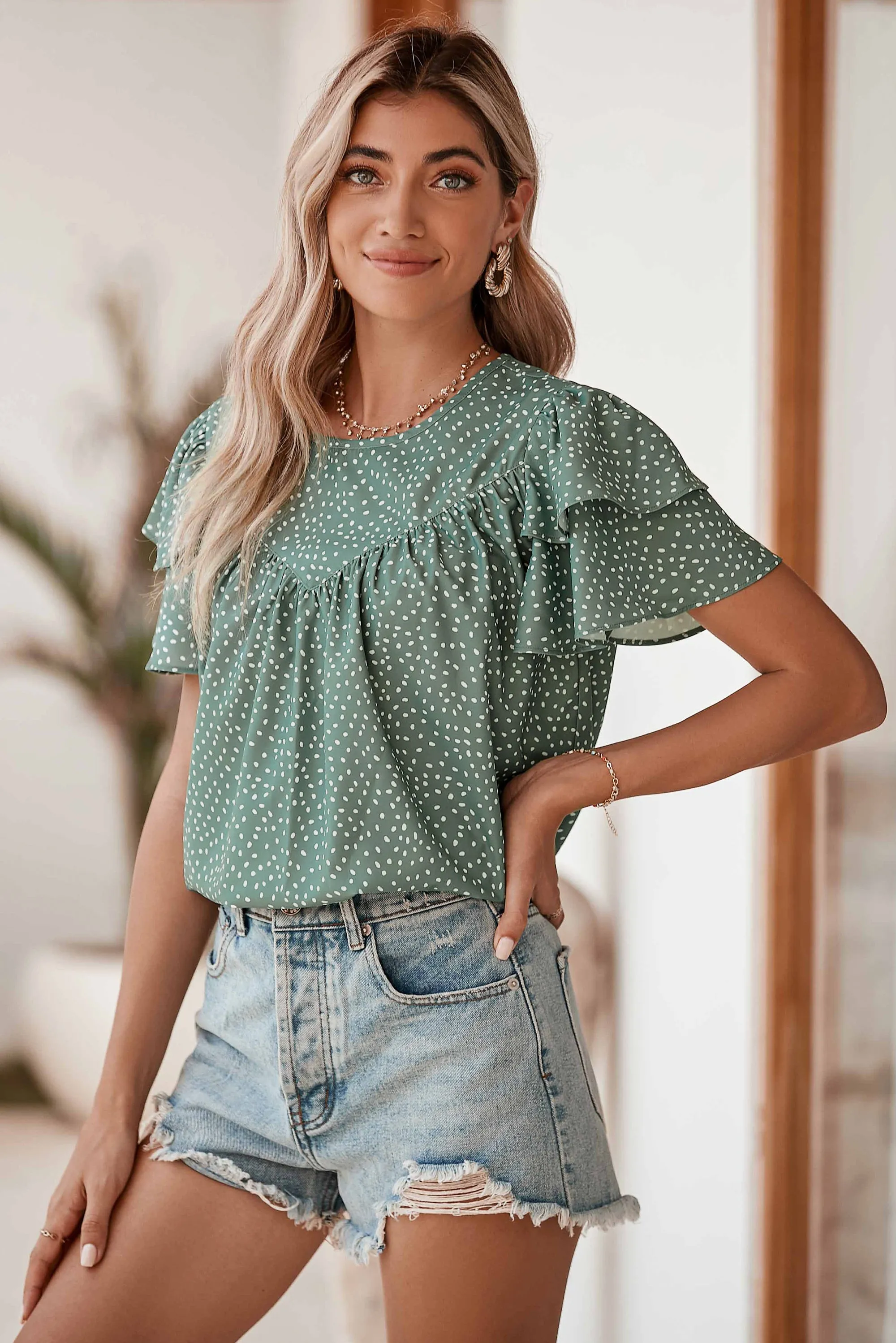 Laurel Green Spotted Print Pleated Ruffle Sleeve Blouse