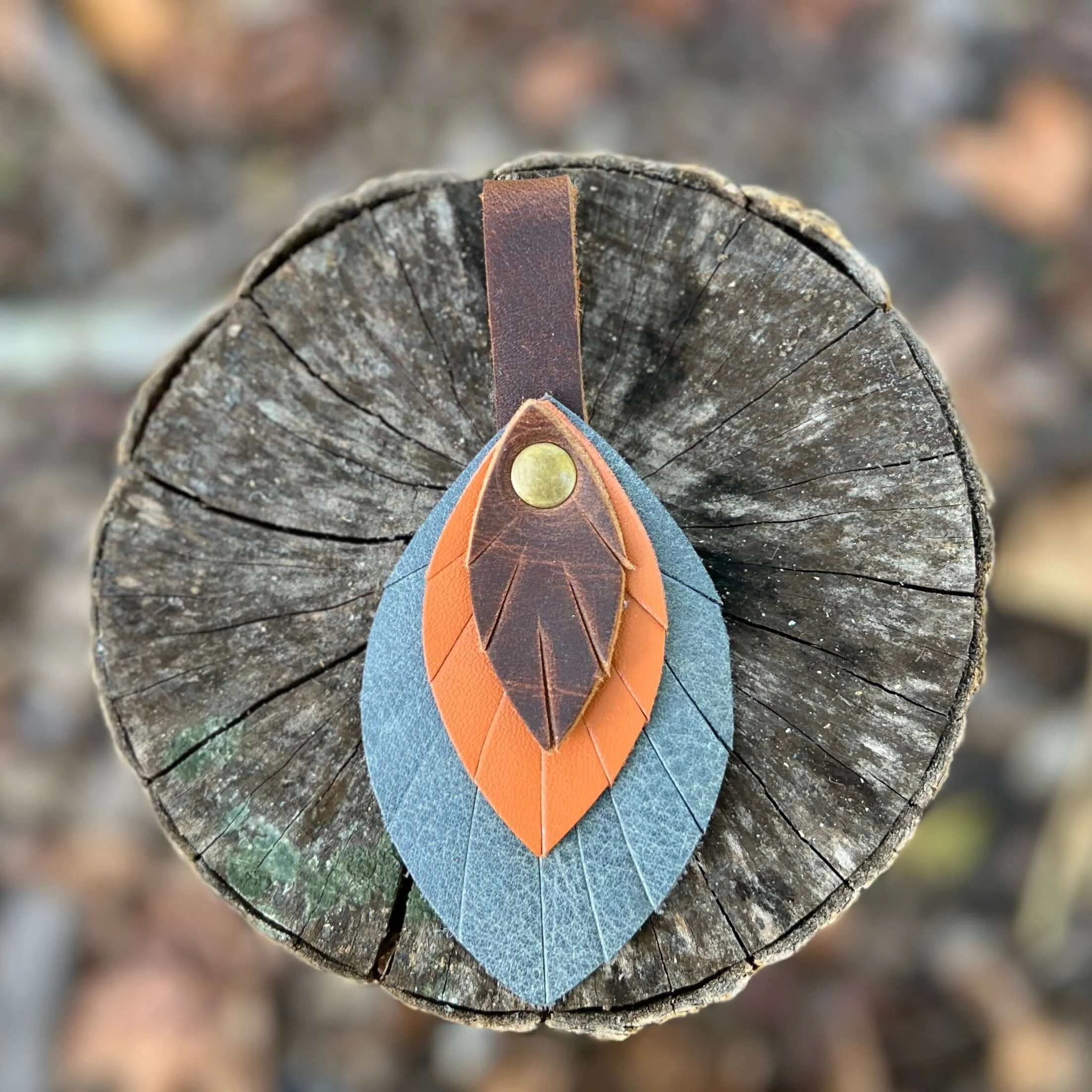 Leather Feather Bag Charm - Brown, Orange and Denim Blue