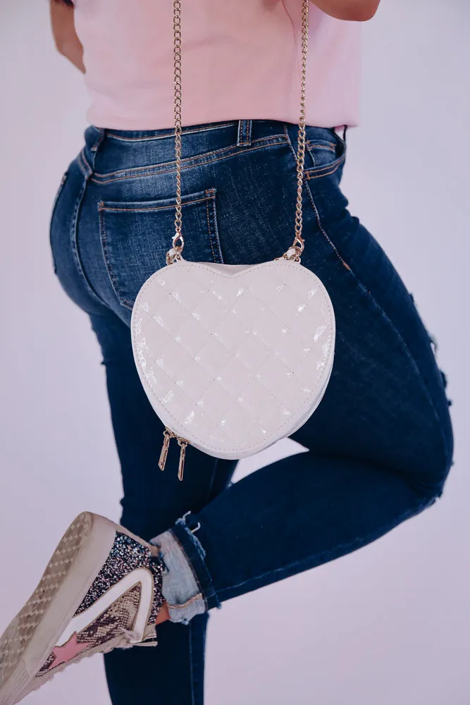 Love Me More Quilted Heart Crossbody Purse - White