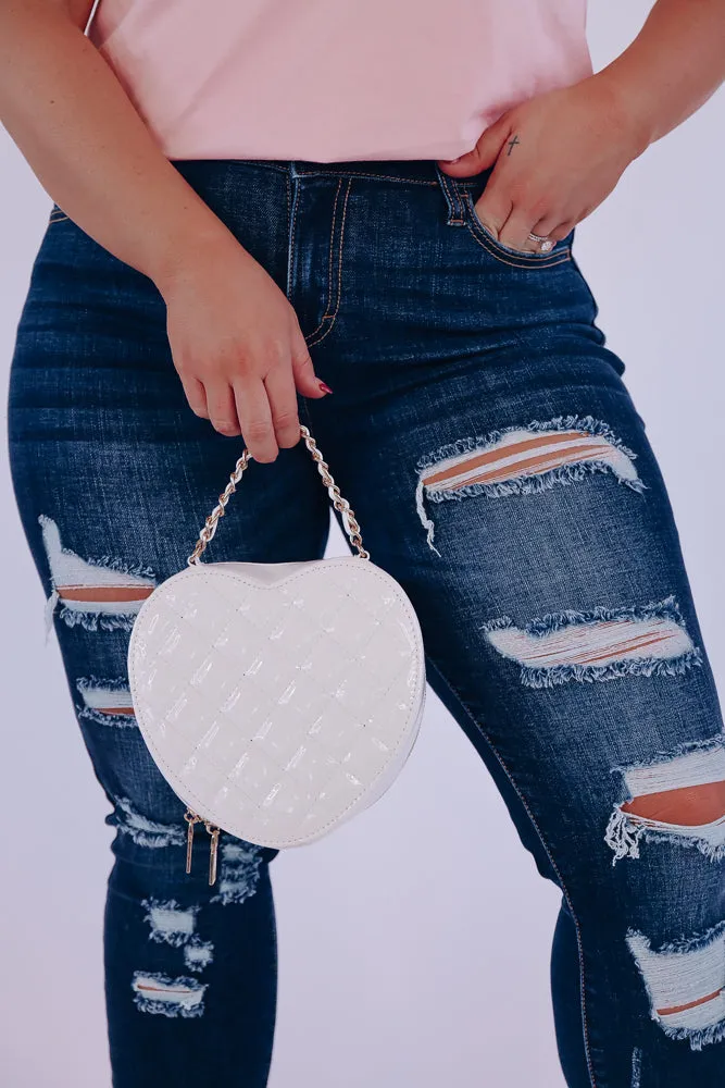 Love Me More Quilted Heart Crossbody Purse - White