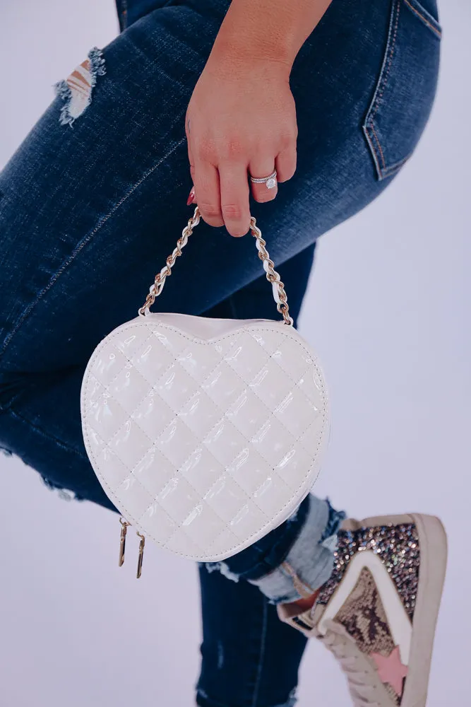 Love Me More Quilted Heart Crossbody Purse - White