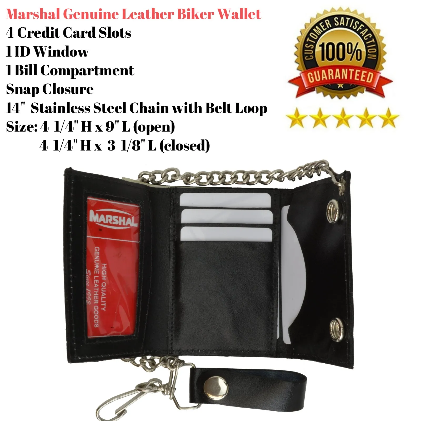 Marshal Genuine Leather Men's Trifold Wallet with Chain Biker Trucker Black