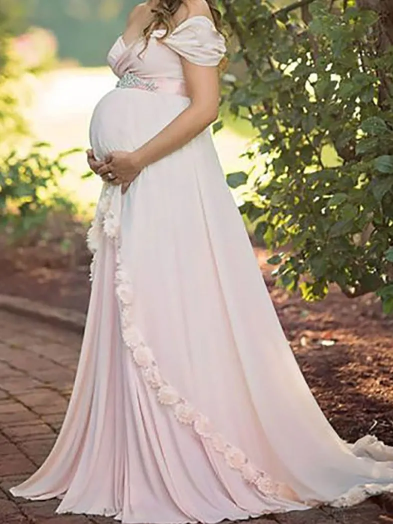 Maternity Elegant Solid Color Off-Shoulder Dress