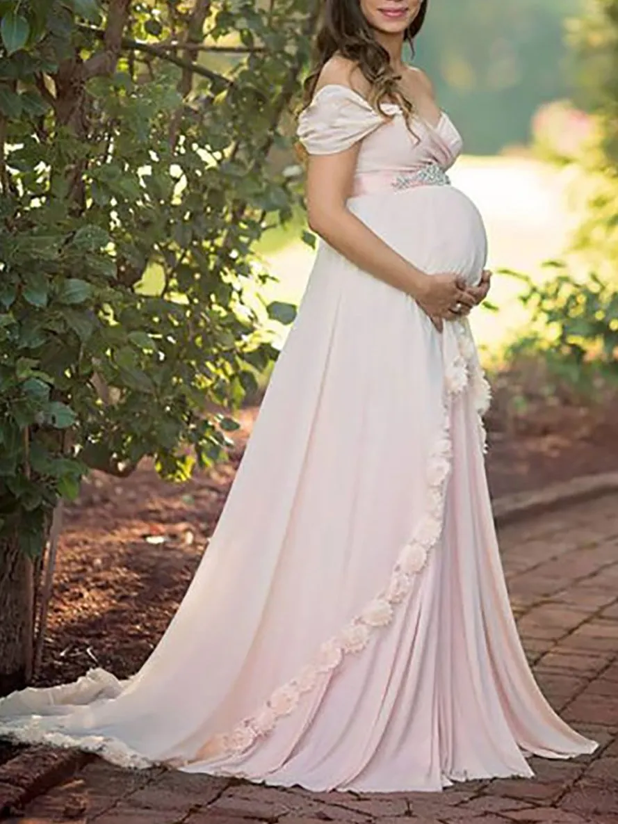 Maternity Elegant Solid Color Off-Shoulder Dress