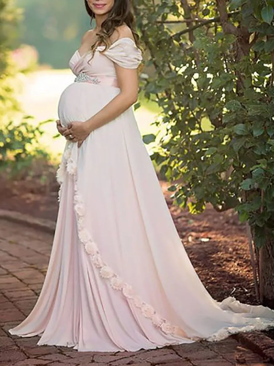 Maternity Elegant Solid Color Off-Shoulder Dress