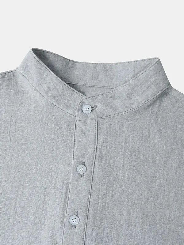 Men's Cotton Linen Textured Half Placket Short Sleeve Shirt