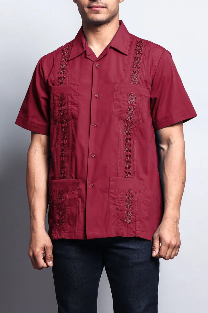 Men's Short Sleeve Cuban Style Guayabera Shirt (Burgundy)