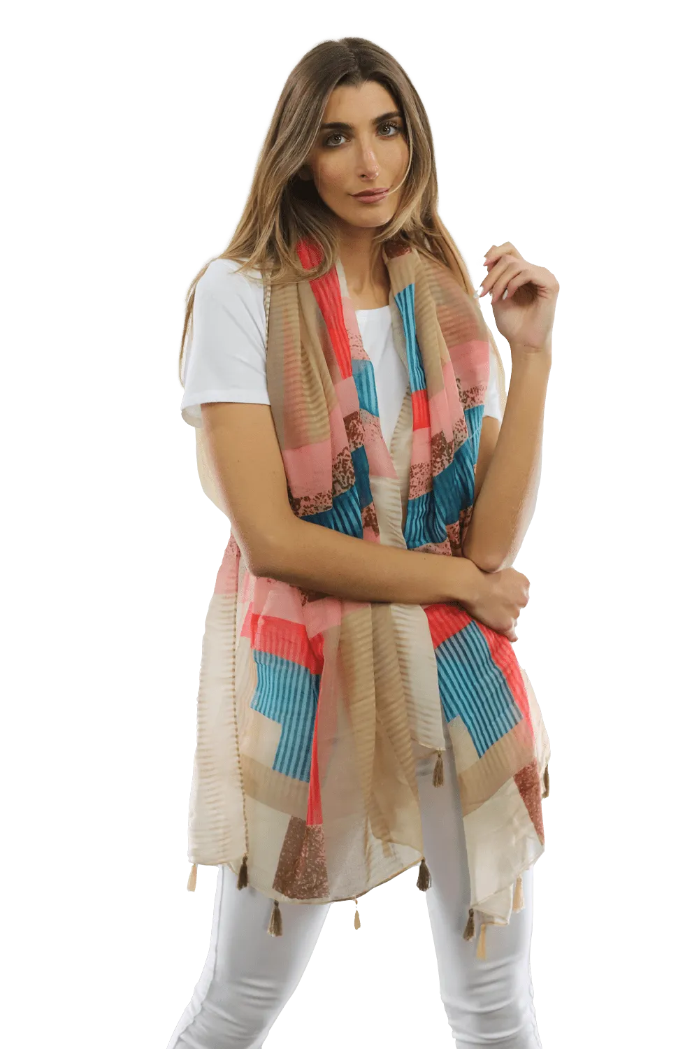 Multi-colored pattern woven scarf-Beige