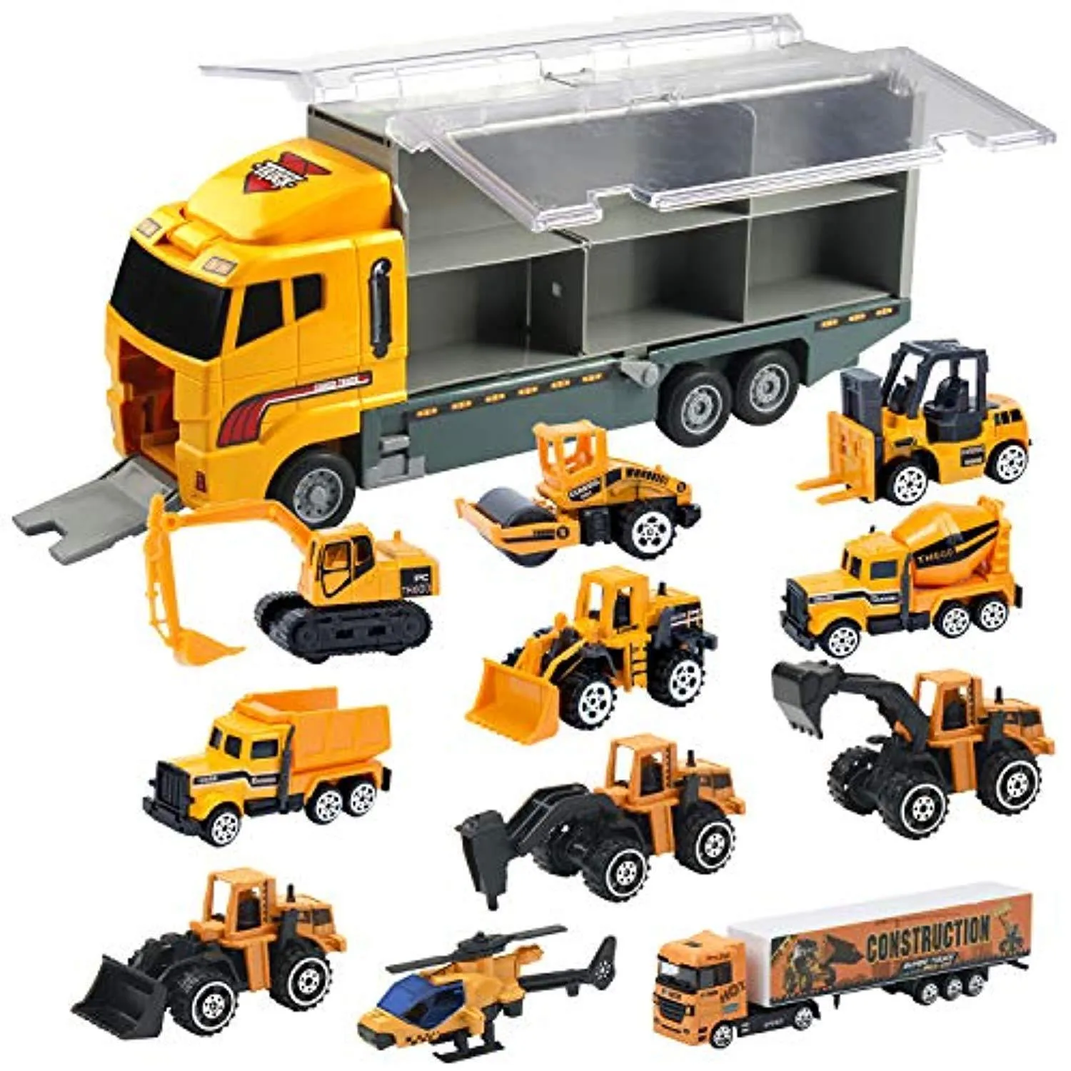 Oumoda 11 in 1 Transport Car, Die-cast Construction Truck Vehicle Car Toy Set Play Vehicles in Carrier Truck, Vehicles Toys Gifts for Age 3 4   Years Old Kids, Boys and Girls