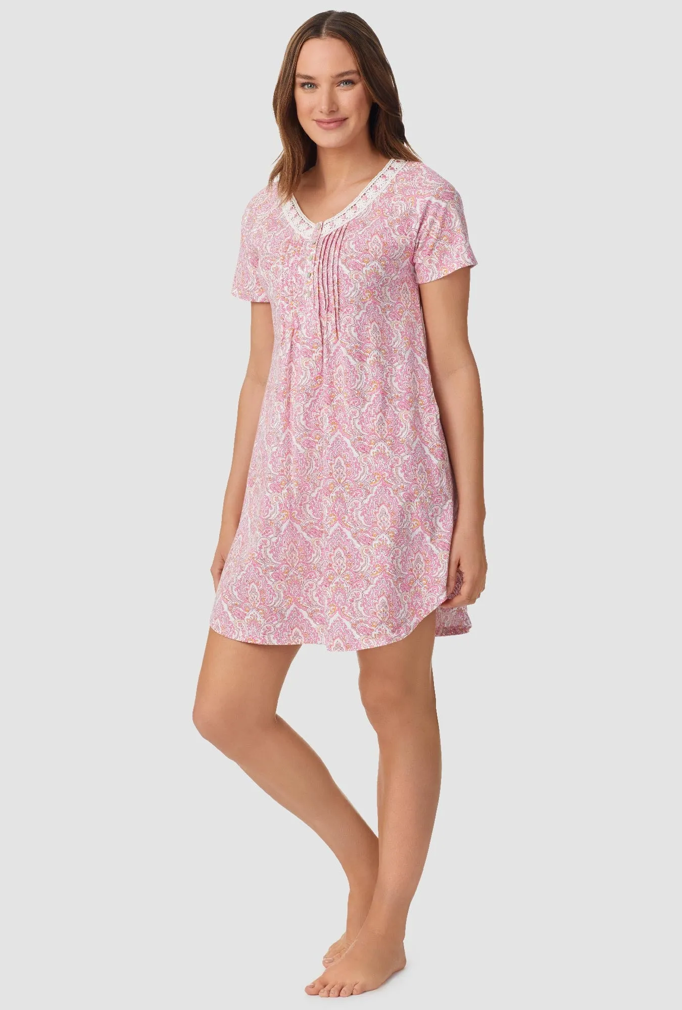 Pink and Grey Damask Short Sleeve Nightshirt