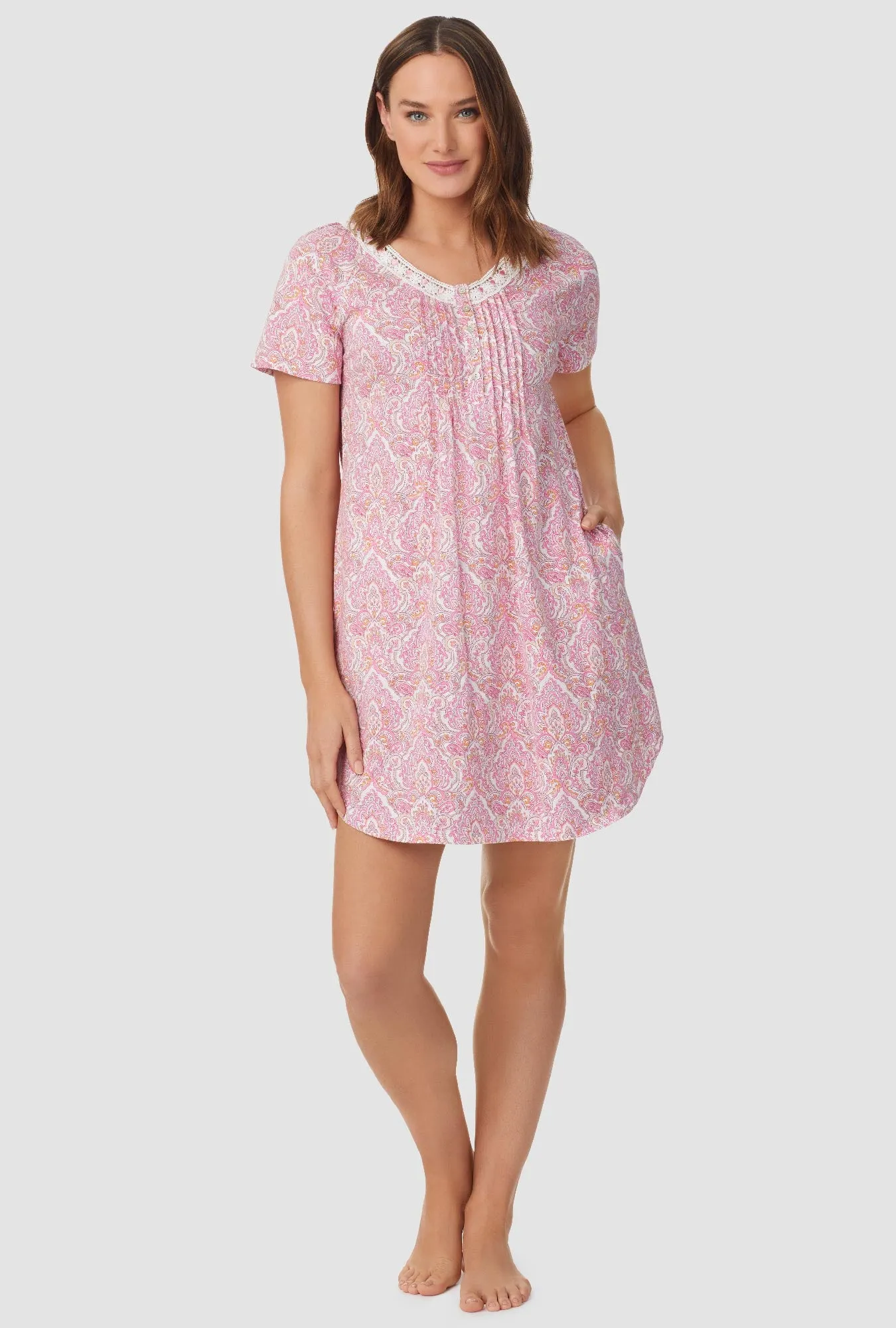 Pink and Grey Damask Short Sleeve Nightshirt