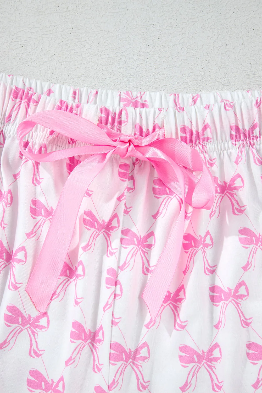 Pink Bowknot Print Shirt and Ruffle Hem Shorts Pajama Set