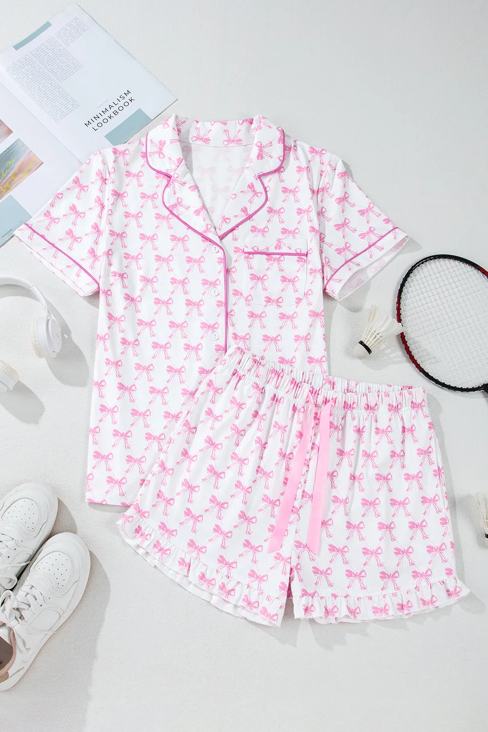 Pink Bowknot Print Shirt and Ruffle Hem Shorts Pajama Set