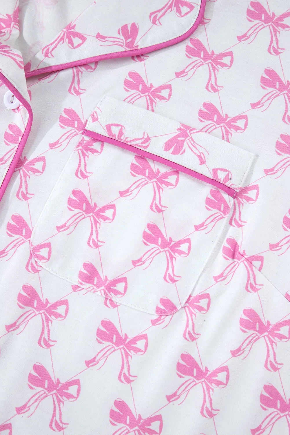 Pink Bowknot Print Shirt and Ruffle Hem Shorts Pajama Set