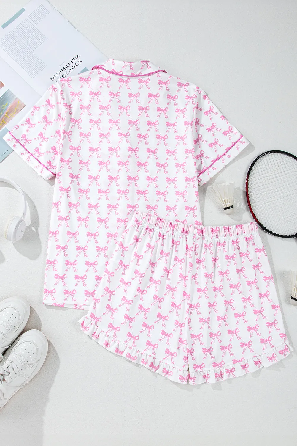 Pink Bowknot Print Shirt and Ruffle Hem Shorts Pajama Set