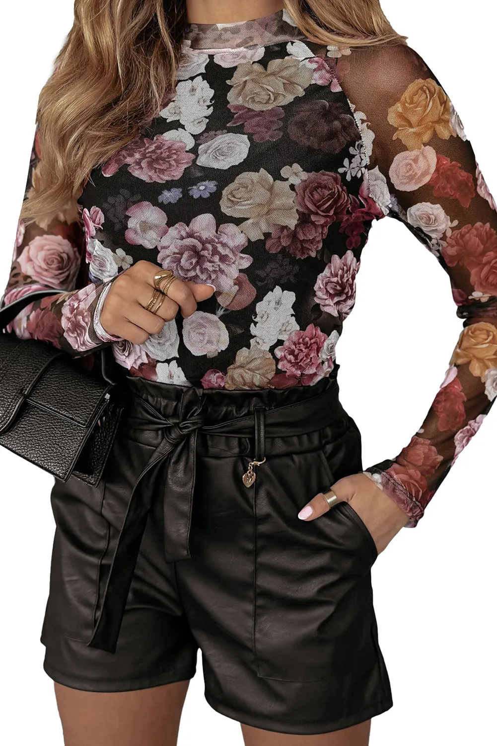 Pink Mesh Floral Print Long Sleeve Slim Top