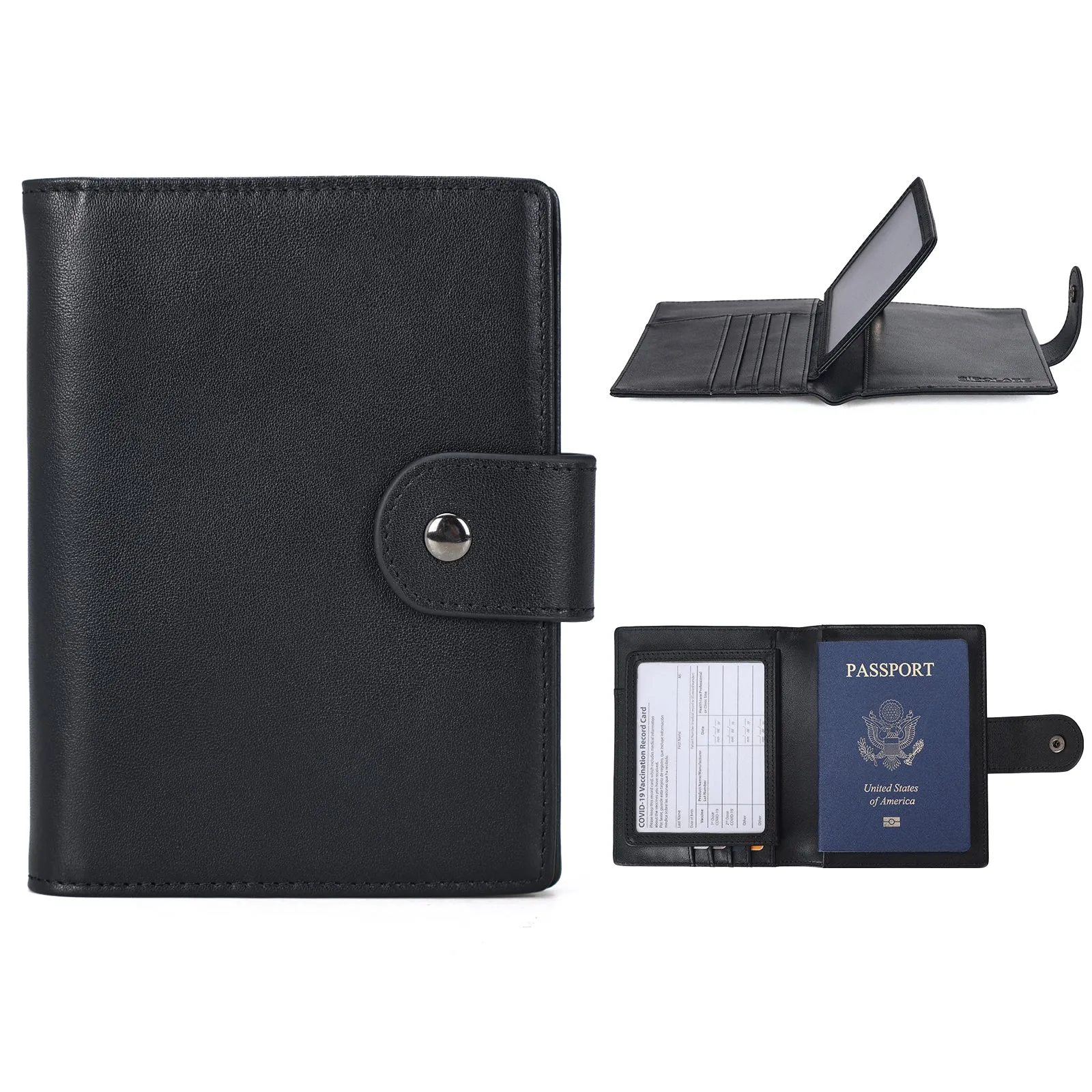 Polare Full Grain Leather Snap Passport and Vaccine Card Holder Combo RFID Blocking Travel Wallet Cover