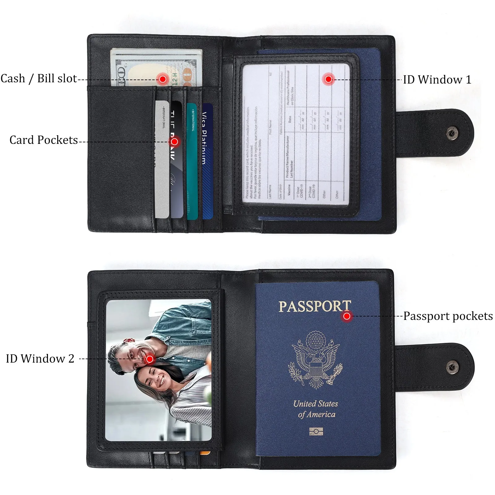 Polare Full Grain Leather Snap Passport and Vaccine Card Holder Combo RFID Blocking Travel Wallet Cover