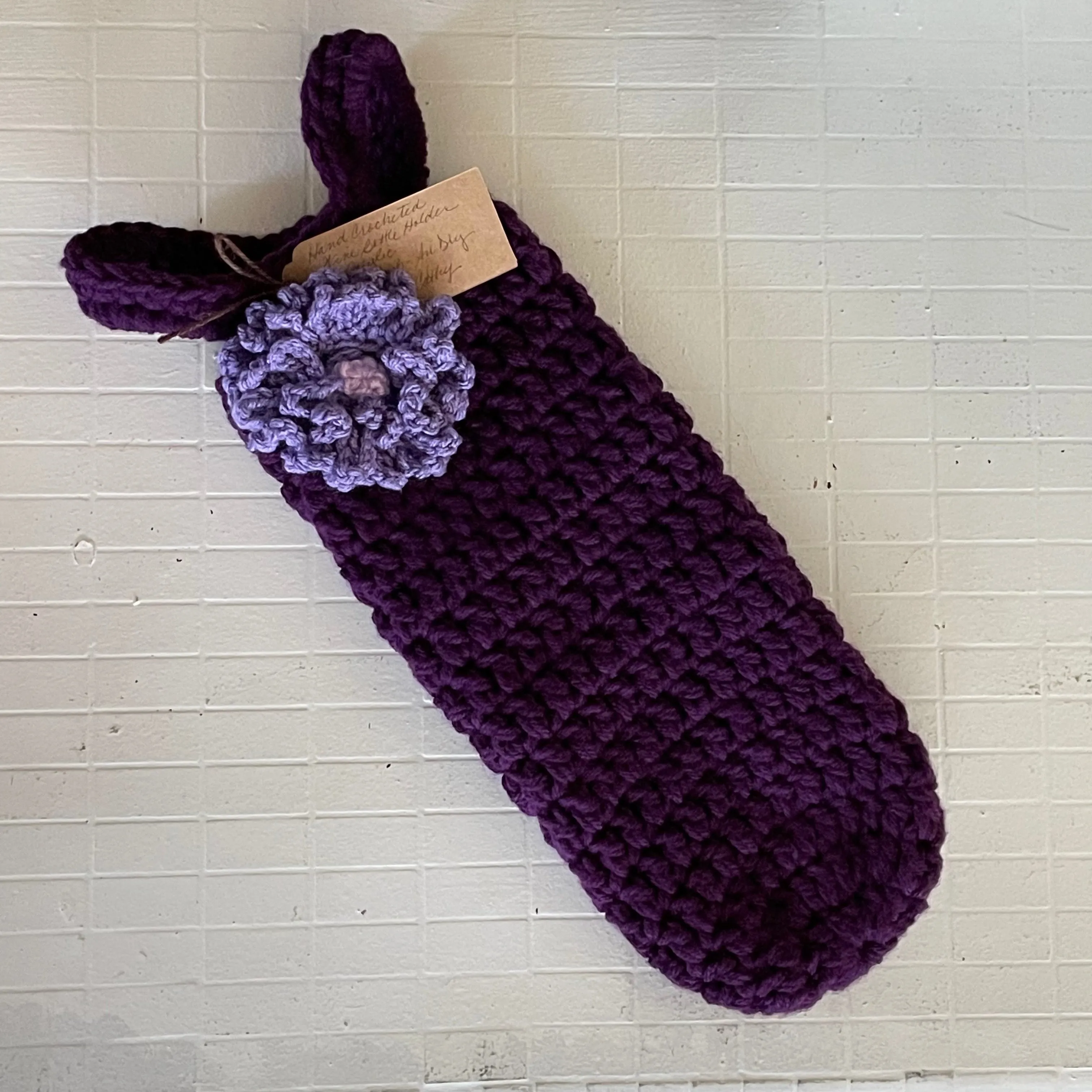 Purple & Lilac Floral Wine Bottle Carrier Holder Gift Bag Crochet Knit Embellished Hand Crafted