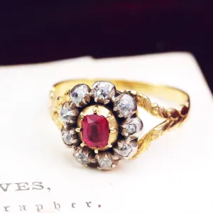 Rare Early Victorian Ruby & Diamond Blossom Ring