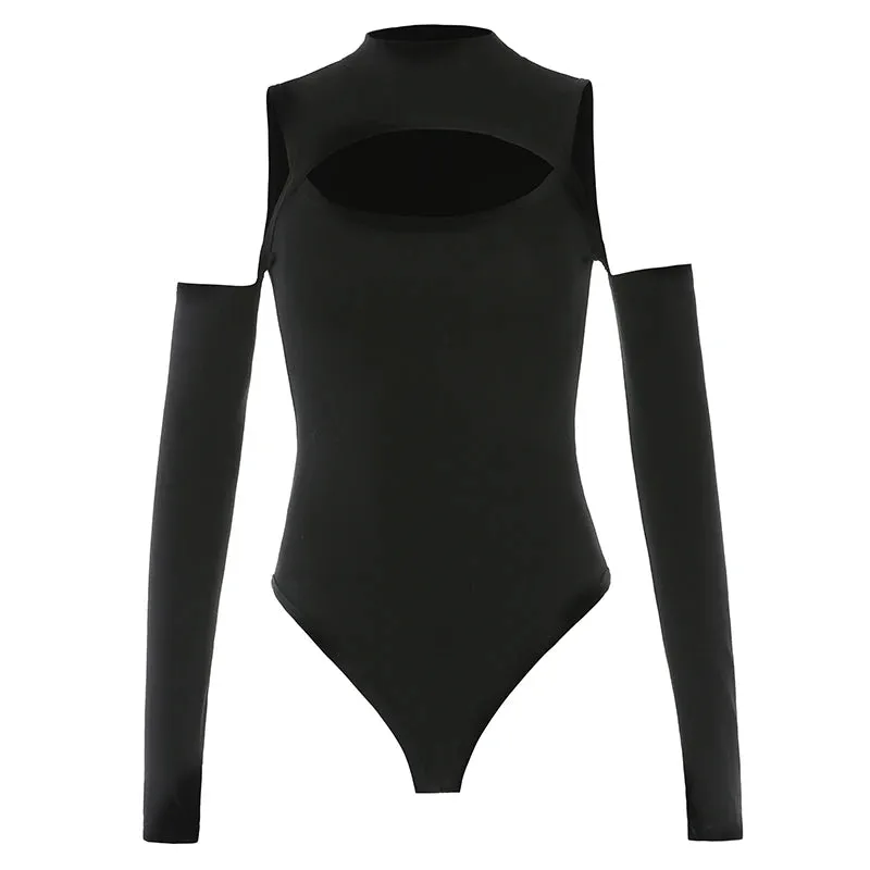 Skinny Cut Out Bodycon Black Sexy Bodysuit Women Fashion Solid Body Suit Cold Shoulder Party Bodysuits Tops One Piece