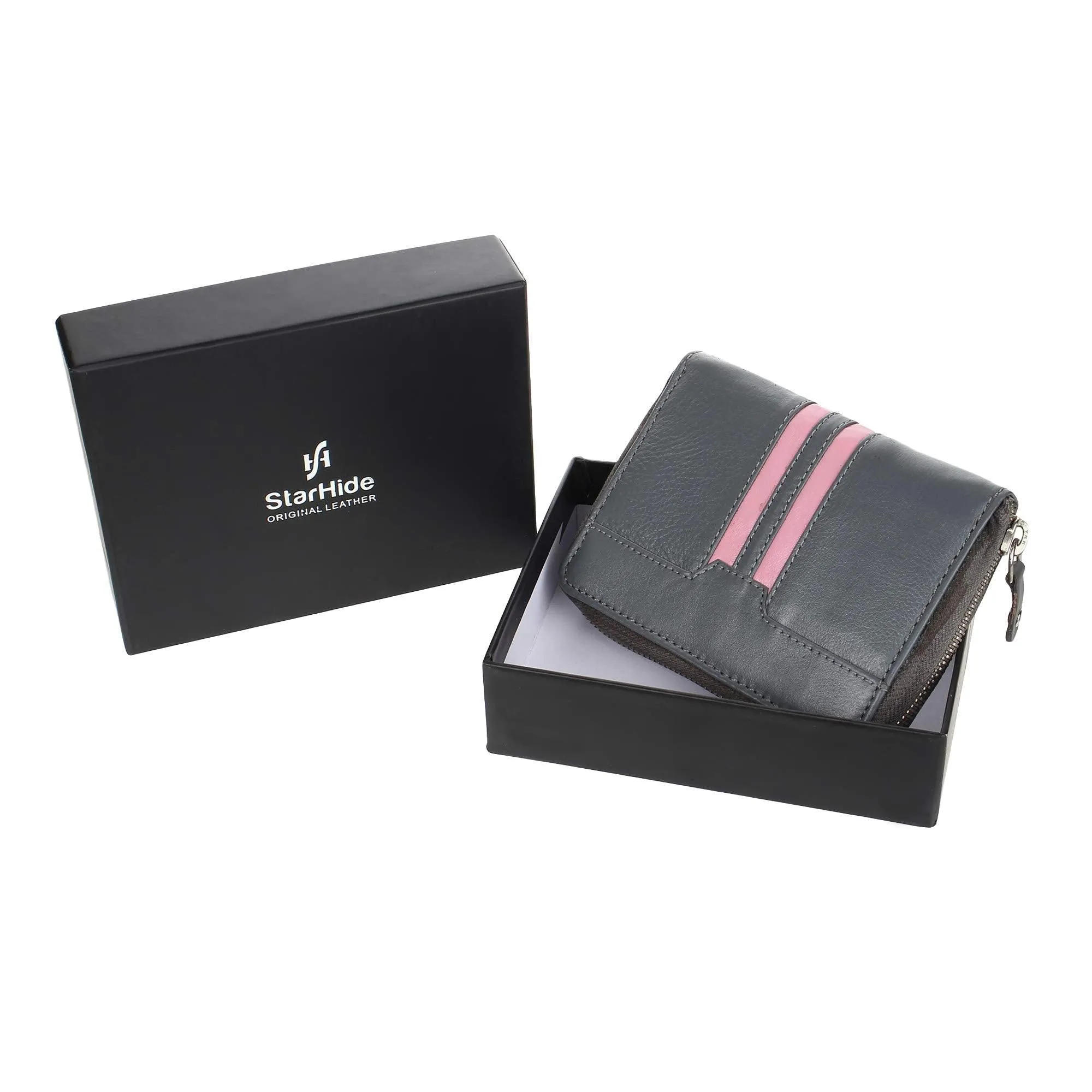 STARHIDE Clutch Wallet for Women Genuine Leather RFID Blocking Cardholder 5600 Grey/Pink