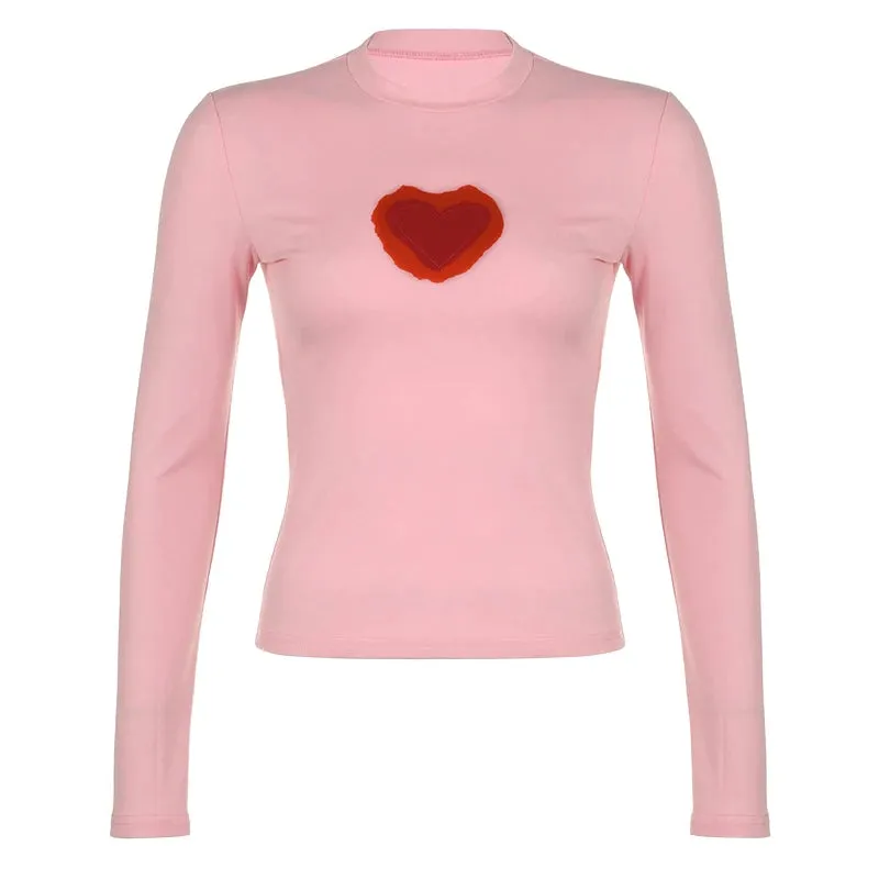 Sweet Pink Fitness Autumn Tee Women Long Sleeve Heart Print Basic T-shirts Coquette Clothes Korean Sweats Top Outfits