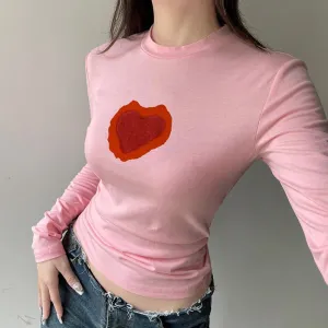 Sweet Pink Fitness Autumn Tee Women Long Sleeve Heart Print Basic T-shirts Coquette Clothes Korean Sweats Top Outfits