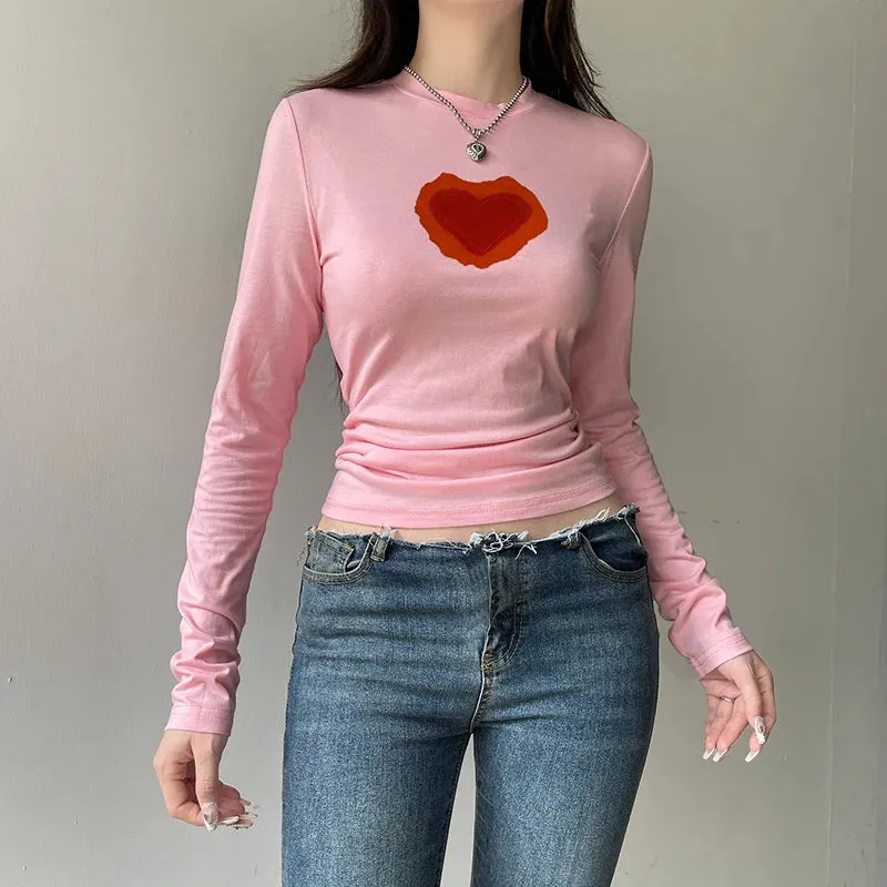 Sweet Pink Fitness Autumn Tee Women Long Sleeve Heart Print Basic T-shirts Coquette Clothes Korean Sweats Top Outfits