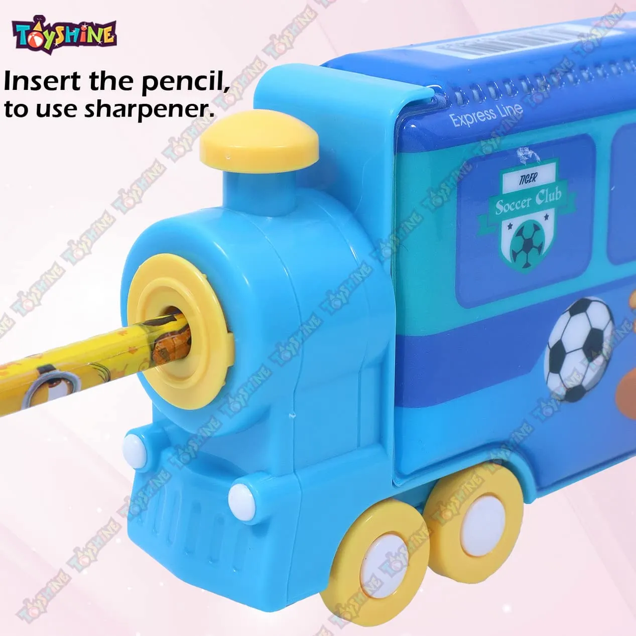 Toyshine Train Pencil Box with Moving Tyres and Sharpner for Kids - Pink / Blue