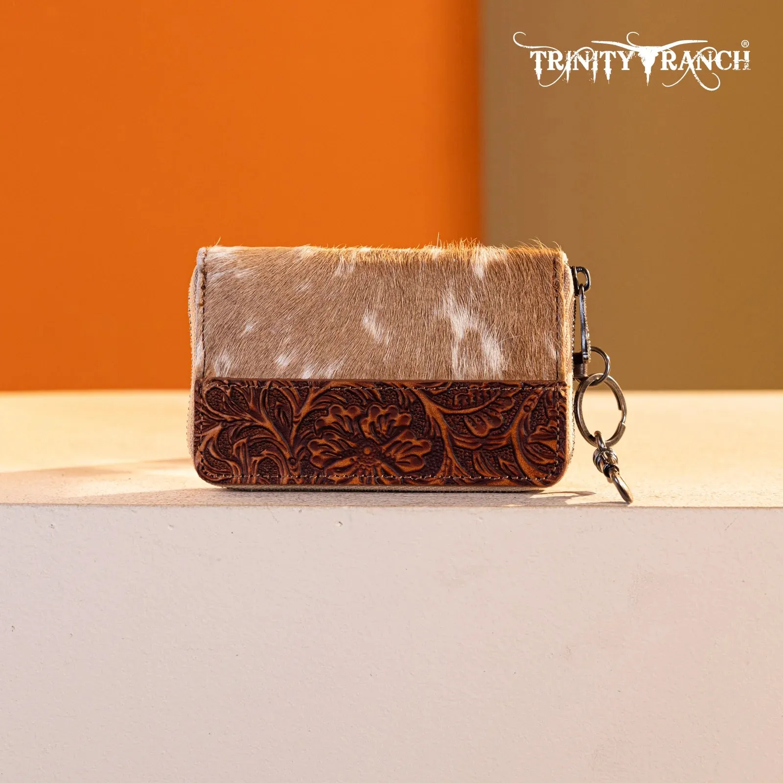 Trinity Ranch Genuine Cowhide Hair-On Floral Tooled Collection Mini Wallet