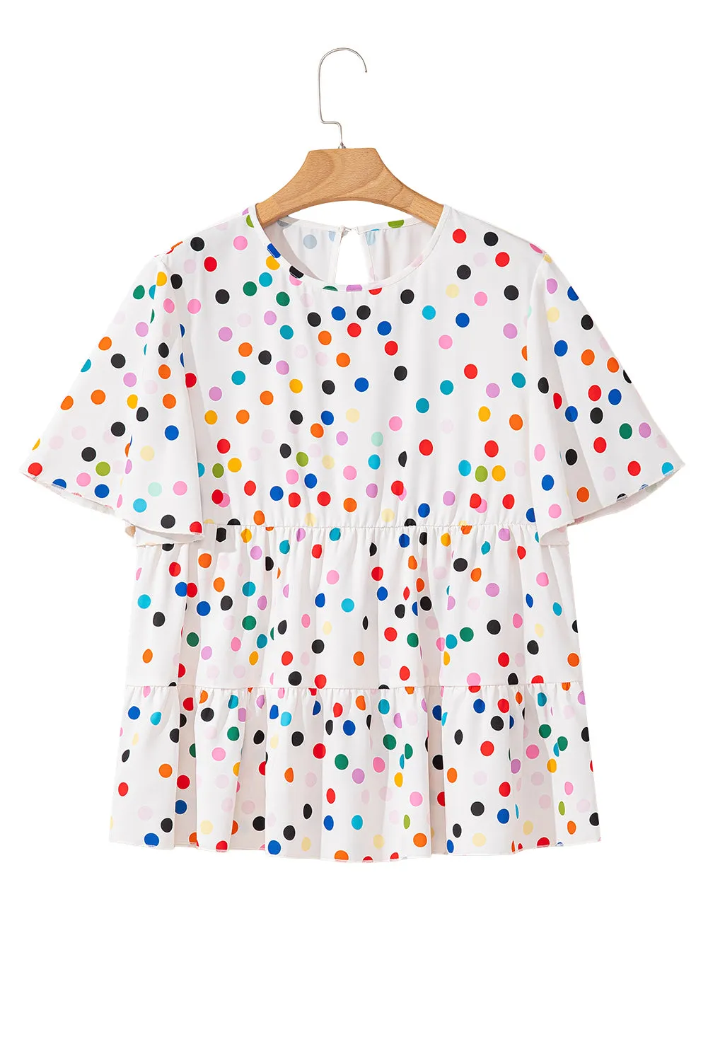 White Colorful Polka Dot Short Sleeve Tiered Ruffle Babydoll Blouse