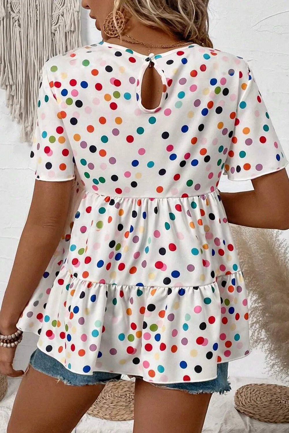 White Colorful Polka Dot Short Sleeve Tiered Ruffle Babydoll Blouse