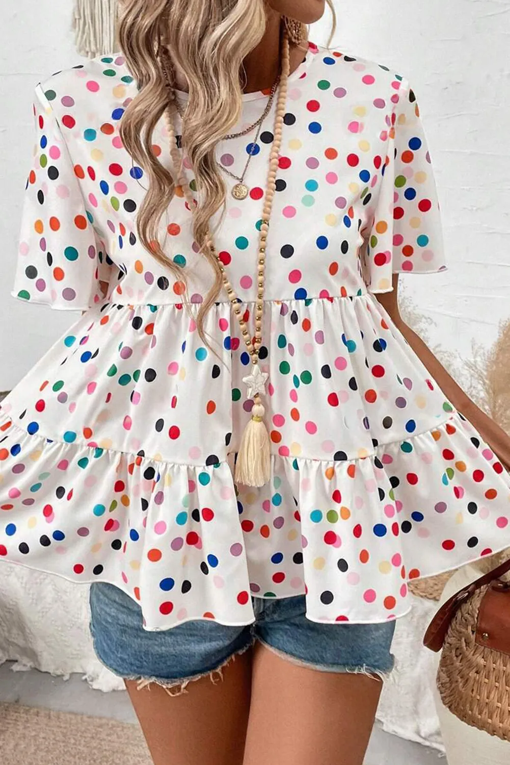 White Colorful Polka Dot Short Sleeve Tiered Ruffle Babydoll Blouse