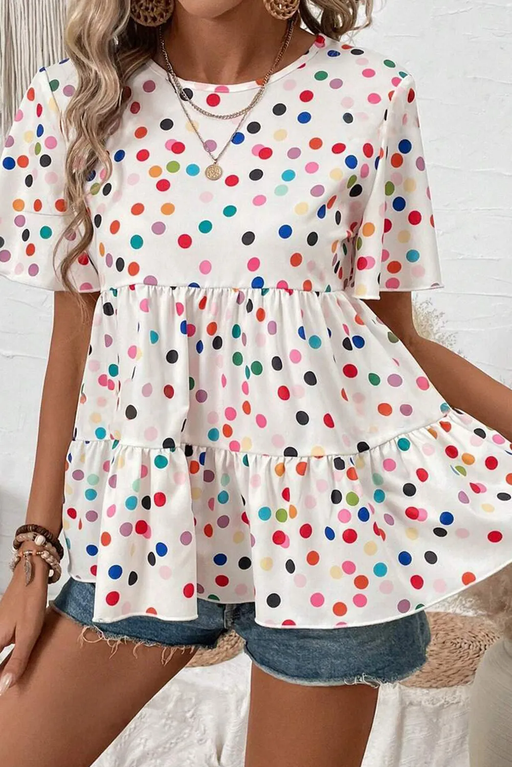 White Colorful Polka Dot Short Sleeve Tiered Ruffle Babydoll Blouse