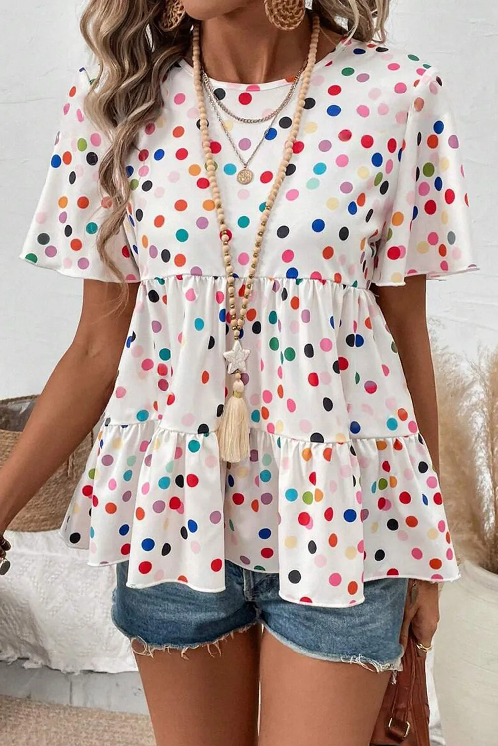 White Colorful Polka Dot Short Sleeve Tiered Ruffle Babydoll Blouse